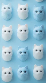 Sculptural Cat Head Variations in White and Blue Minimalist Grid.