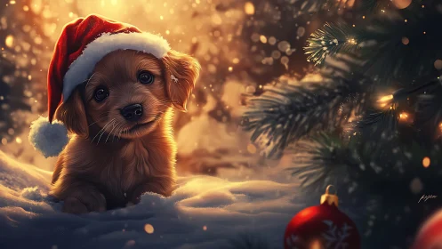 Holiday puppy in Santa hat under glowing Christmas tree.