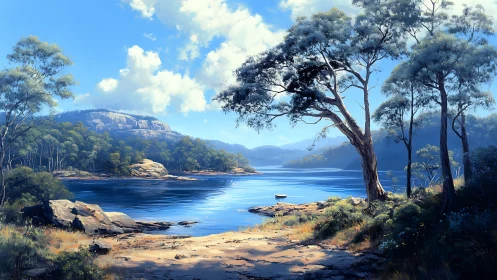 Landscape composition depicting a lake enclosed by mountains and forest vegetation