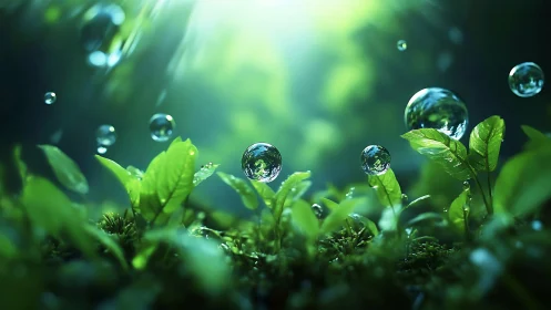 Luminous forest leaves cradle crystal water spheres