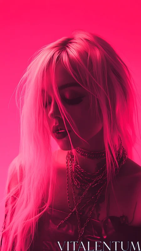 Neon-lit portrait of punk woman in intense magenta glow.