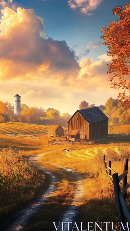 Sunlit rural farm landscape with barns and autumn fields.