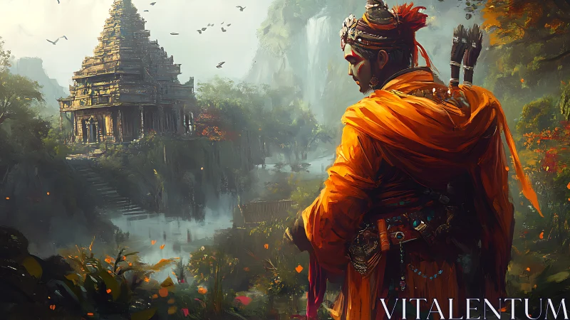 Figure observes stepped stone temple amid dense river valley