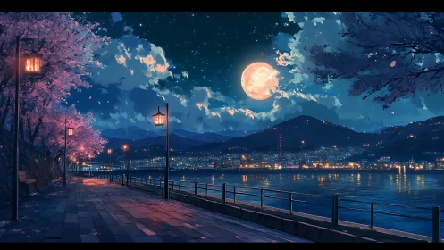 Moonlit waterfront promenade with city and mountains at night.