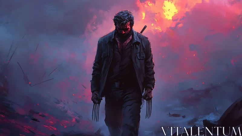 Clawed warrior strides through burning twilight battlefield.