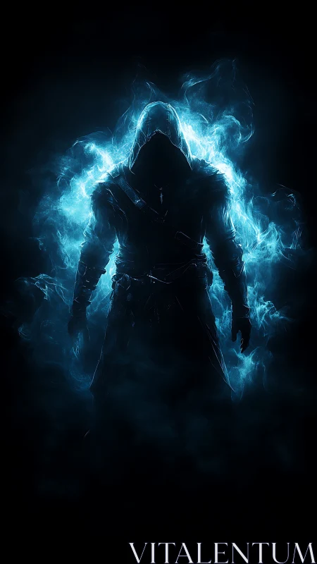 Spectral hooded assassin wreathed in electric blue fire.