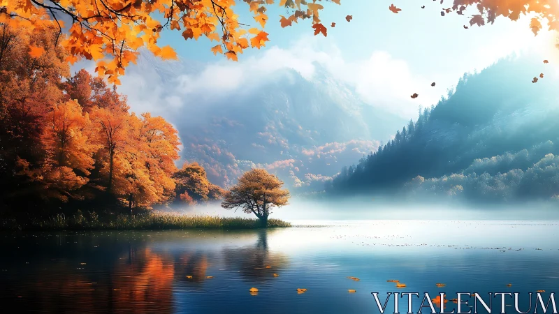 Autumn lake panorama with misty mountains and golden foliage.