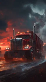 Red semi truck powers through stormy road at sunset