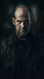 Photorealistic low-key portrait with textured noir lighting.