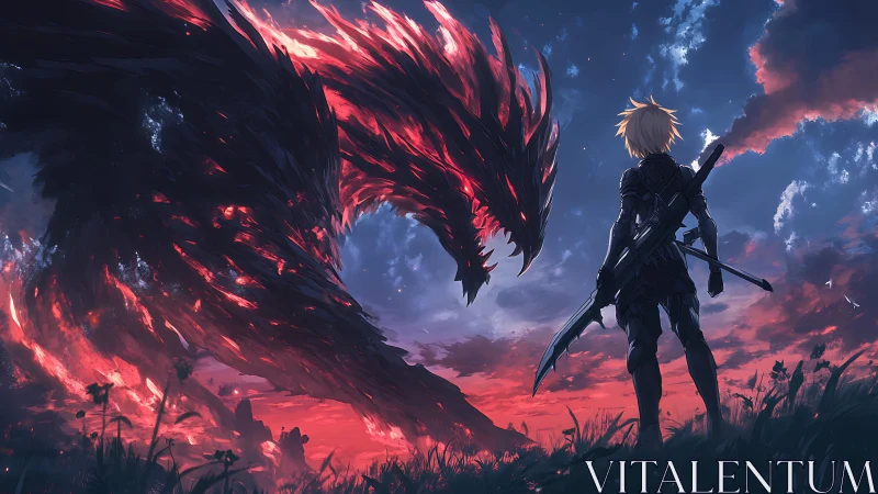 Lone hero meets blazing dragon under a stormy twilight sky.