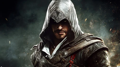 Hooded rogue steps from the shadows in glowing embers.