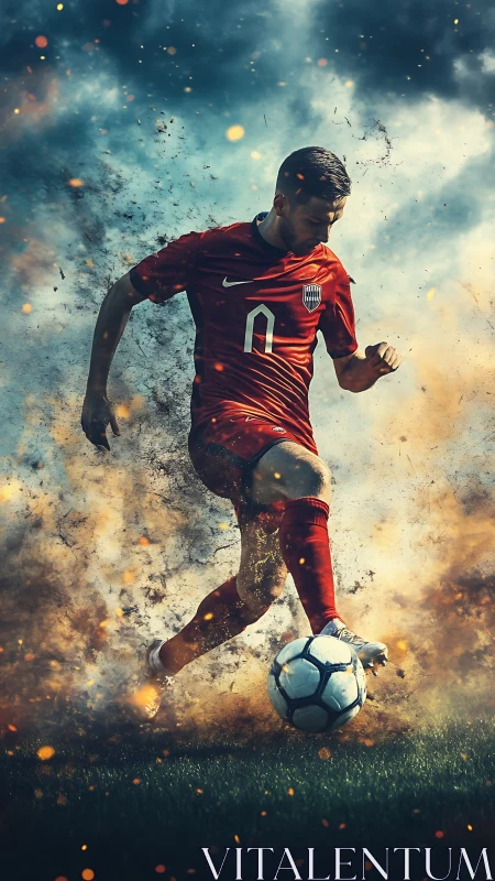 Dynamic soccer striker surges through smoky, fiery haze