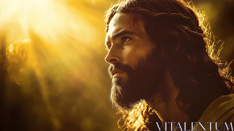 Side profile portrait of long-haired bearded man in sunlight