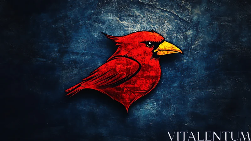 Red stylized bird emblem on textured dark blue background.