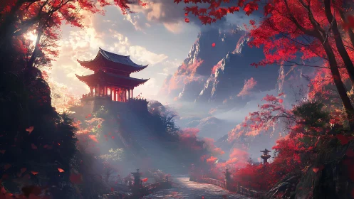 Sunlit mountain temple embraced by glowing autumn forest.