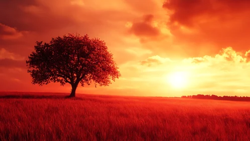 Lone tree glowing in a golden-red sunset field of calm.