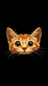 Wide-eyed ginger kitten peeking from friendly midnight void.
