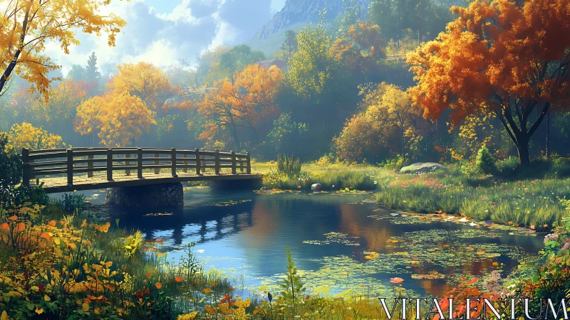 Golden autumn bridge welcomes quiet walks beside the pond