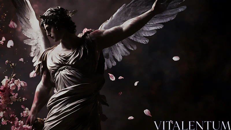 Winged marble angel rises through drifting sakura petals.