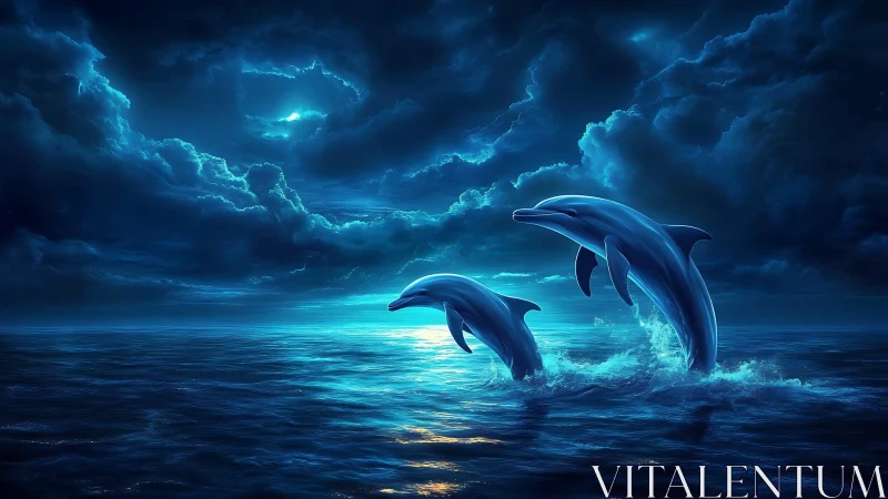 Playful dolphins dancing in dreamy moonlit ocean glow.