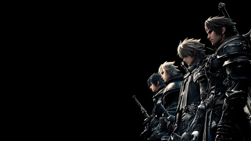 Four brooding knights in obsidian armor against endless night.