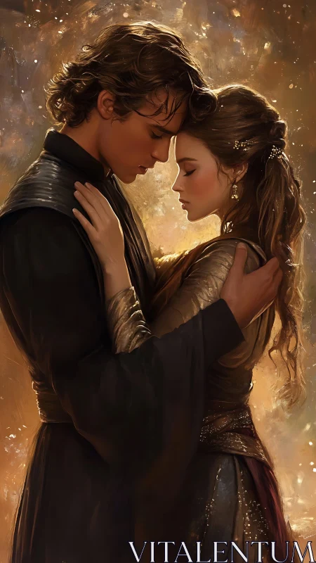 Romantic Couple Portrait with Golden Luminescent Backdrop.