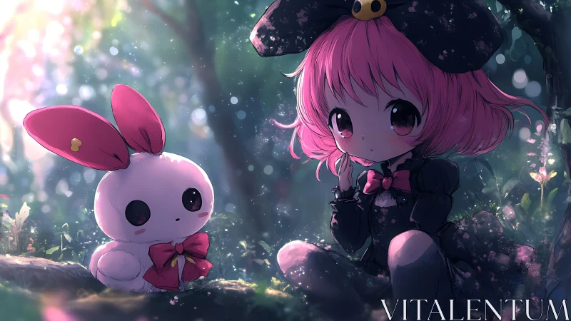 Pink haired child and plush rabbit sit in diffuse forest light