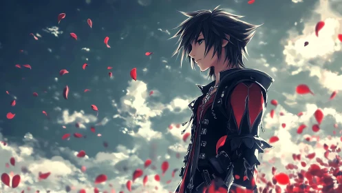 Anime male figure in black attire among drifting petals.
