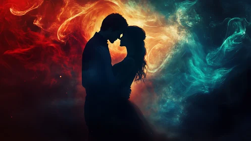 Two souls ignite where crimson fire meets ethereal teal magic