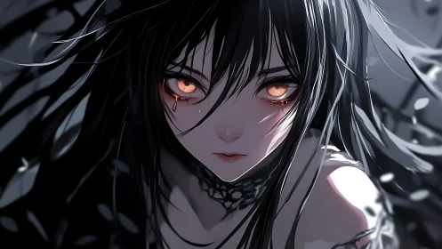 Dark-haired anime girl with glowing ember eyes stares forward.