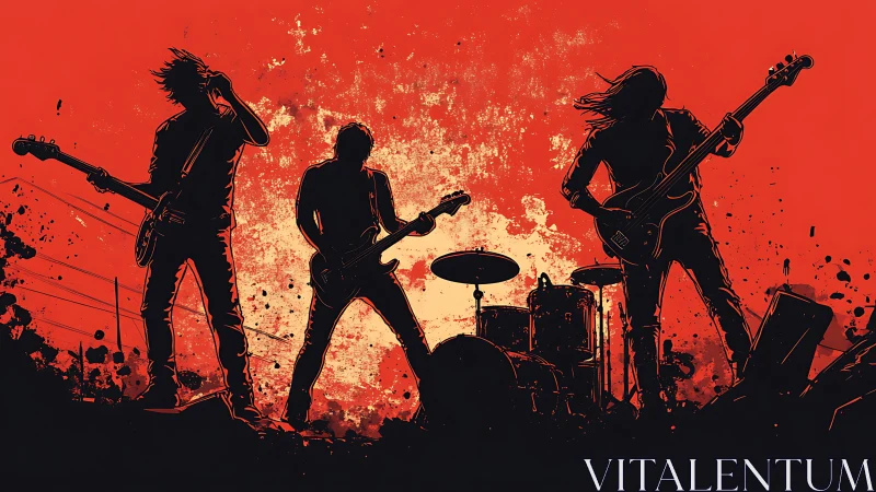 High-contrast rock band silhouettes amid splattered red field.