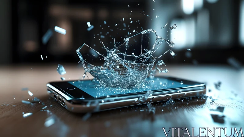 Shattered smartphone screen with flying glass in dramatic close-up.