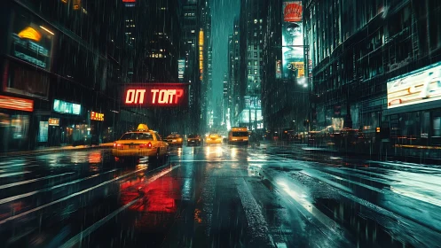 Neon taxis traverse rain‑slicked cyber-noir city boulevard