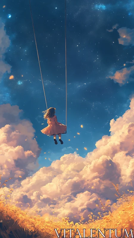 Girl on swing above golden field under starry sky.