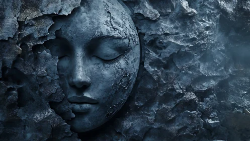 Textured stone face relief emerging from fractured wall.