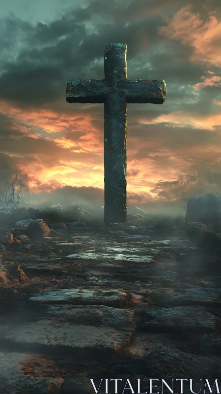Monolithic stone cross in cinematic dusk landscape composition.