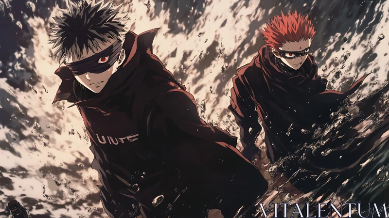 Two masked figures move through turbulent, stylized water