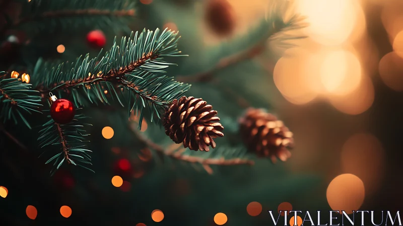 Holiday pine branch with cones and bokeh lights glow.