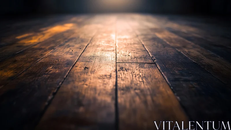 Raking light glides across weathered wooden floorboards