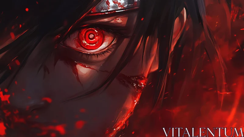 Crimson-eyed warrior stares through swirling embers of rage