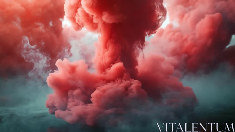 Crimson smoke plume rises through cool cyan mist.