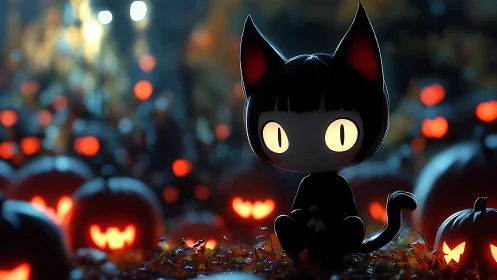 Sweet black cat child glowing in a cozy pumpkin patch.