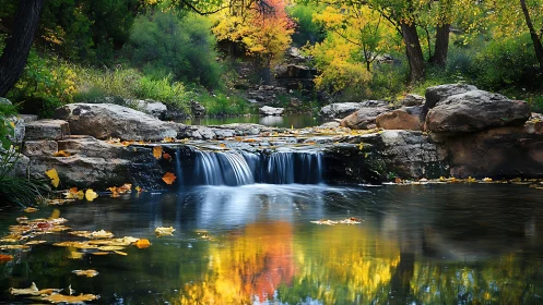 Photorealistic autumn creek with reflective cascade composition.