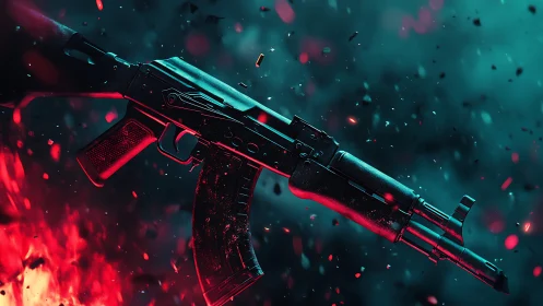 Tactical rifle rendered in neon bicolor explosive particle field