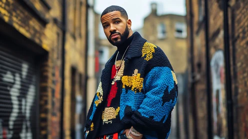 Street portrait with textured knit jacket and urban depth of field.