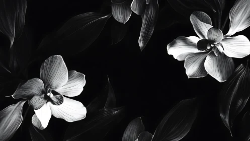 Monochrome orchid blossoms emerge from deep negative space