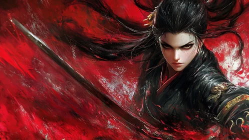 Blade dancer storms crimson battlefield with fierce focus.