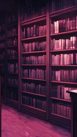 Twilight-lit library shelves glow with quiet mystery and calm.