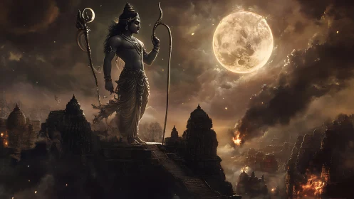 Moonlit warrior deity above burning temple cityscape.