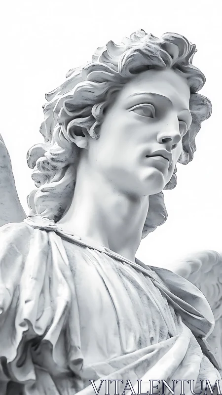 High-key neoclassical angel statue captured from low vantage